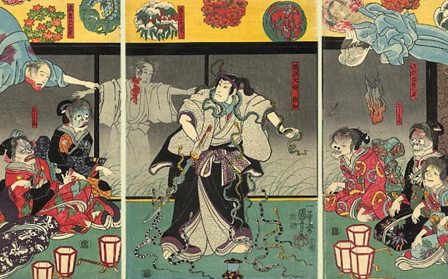The print depicts a samurai fighting snakes, which are conjured by a ghost as the ghosts of Heian court ladies watch. Japan, 1850. 