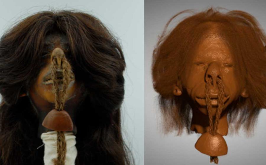 Left; Ecuadorian tsantsa or shrunken head on display at the Chatham-Kent Museum in Chatham, Right; Micro-CT scan of the same. Source: Left; PLoS ONE, Right; Andrew Nelson/Western University