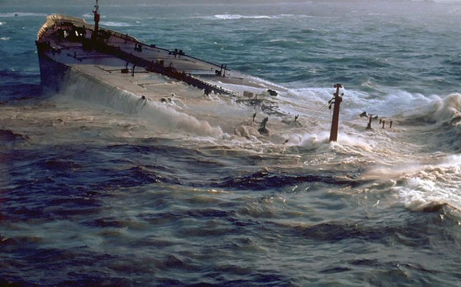 An example of a sinking tanker. AMOCO CADIZ grounding and oil spill, Brittany, France. 