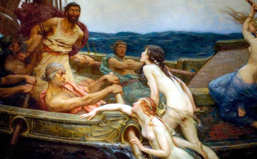 Ulysses (Odysseus) and the Sirens of Greek mythology in a painting dating to circa 1909 by Herbert James Draper. Source: Public domain