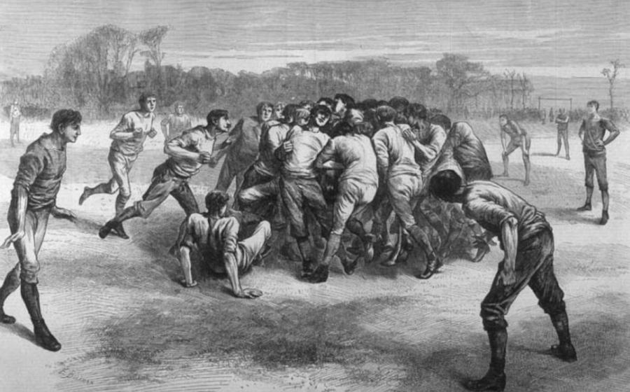  19th century soccer match between England and Scotland, with the ball believed to be hidden somewhere in the middle of the mass of men. From the Illustrated London News, 1871