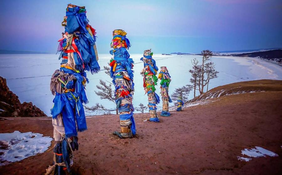 Spirit poles on Olkhon Island, Lake Baikal, Russia. 