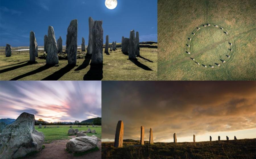 Four famous stone circles in the British Isles: Callanish Standing Stones (Fredy Jeanrenaud /Adobe Stock), Merry Maidens in Cornwall (Newlands Aerial /Adobe Stock), Castlerigg (Y. Jorzik-Brzelinski /Adobe Stock), and the Ring of Brodgar. (David Woods /Adobe Stock)