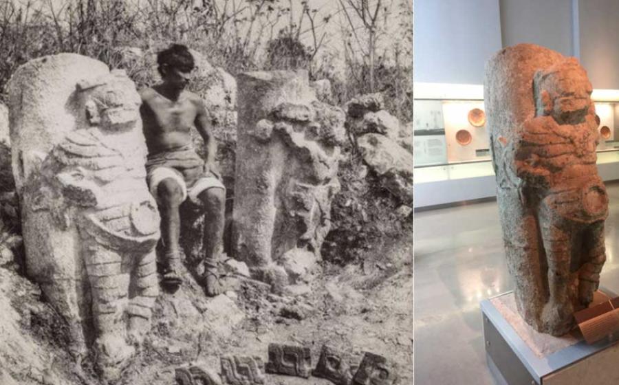 Historic photo of the Stone figures found in Oxkintok, plus photo of one stone figure, now in Natural History Museum in Merida. Source: Author provided