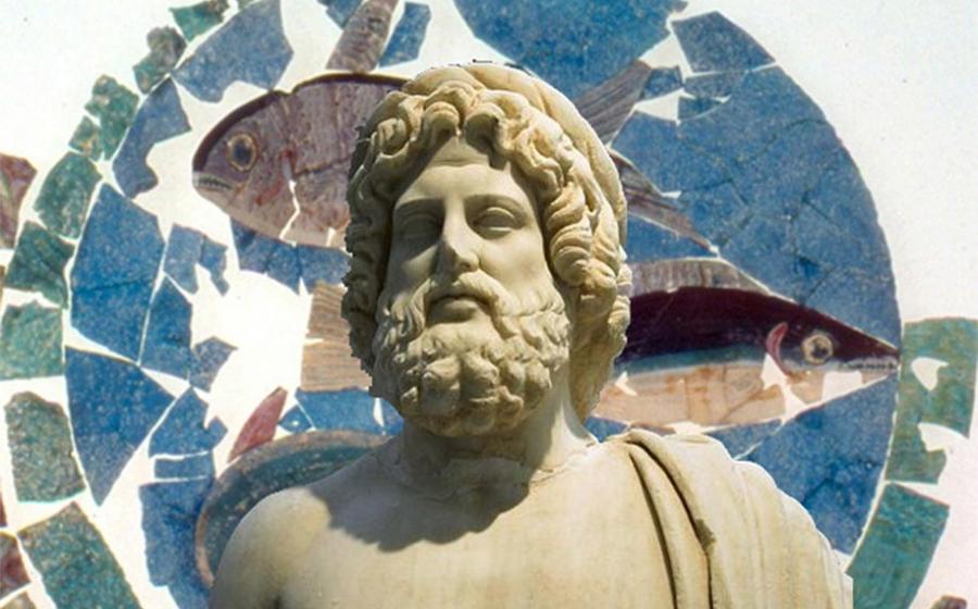 Marble statue of Asclepius (Deriv.) (Zde/CC BY SA 4.0) Background: Glass panel of three fish found at the house of the ancient surgeon Eutyches. (Rimini Archaeological Museum)