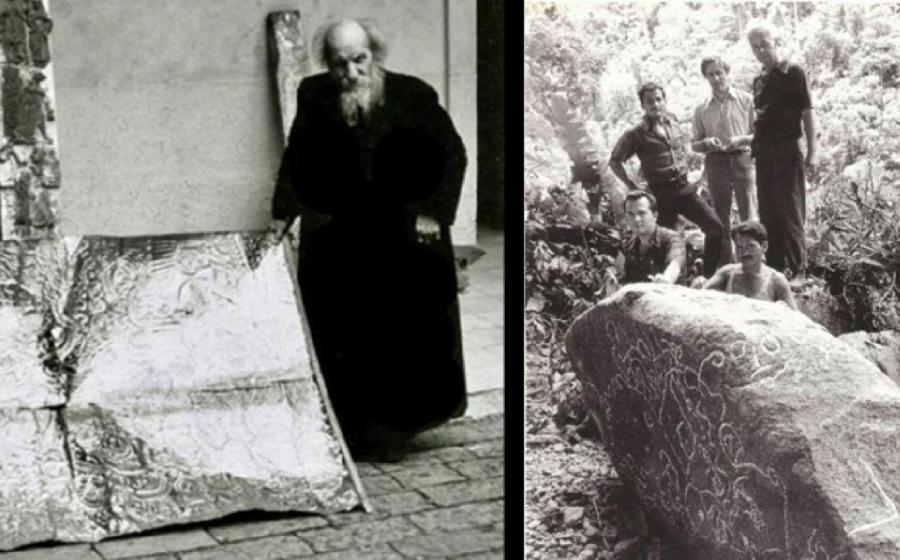 Left: Father Crespi with a metallic artifact at the church of Maria Auxiliadora. Right: Nivello, Hall, Moricz, Pena & Punin 1975.