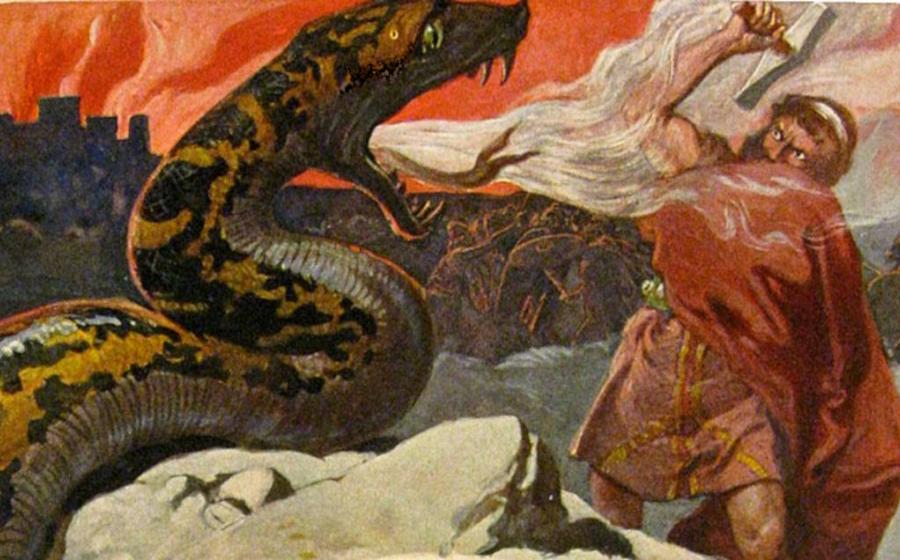 The Norse god Thor battles the Midgard serpent at the end of time, as foretold in Norse mythology (illustration by Emil Doepler from around 1905).