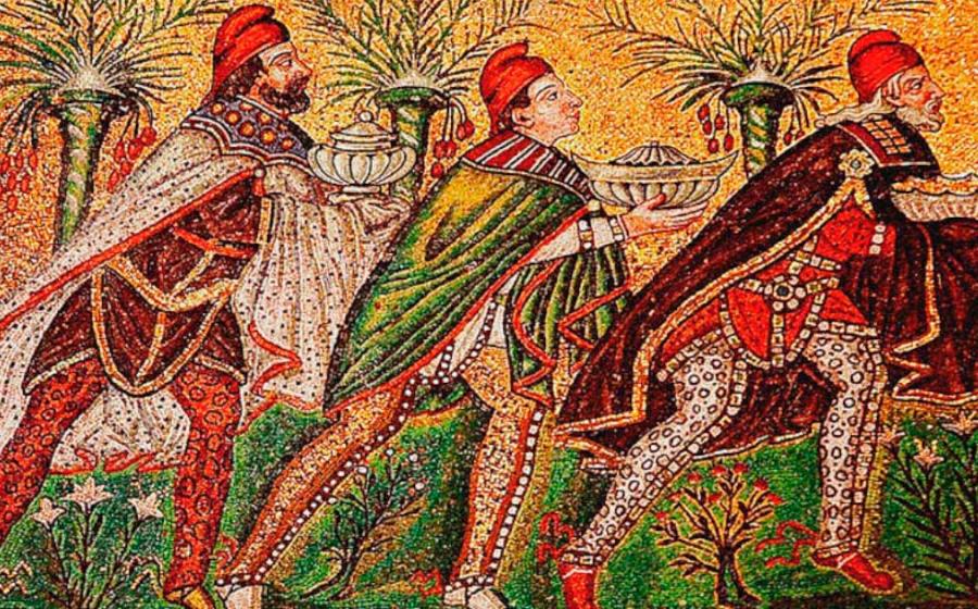 A Byzantine depiction of the Three Wise Men (526 AD) from the Basilica of Sant' Apollinare Nuovo in Ravenna, Italy. Source: Nina-no / CC BY-SA 2.5