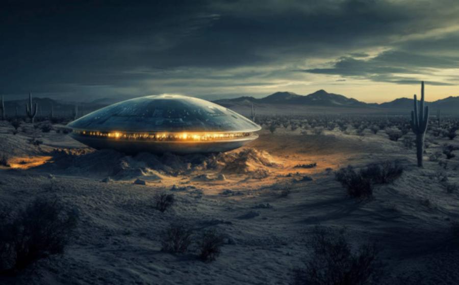 AI image of desert landscape outside Roswell at dusk, with low rolling hills and a UFO spacecraft partially buried in sand and surrounded by metallic debris.