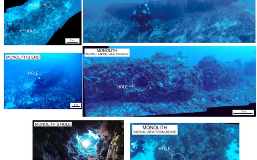 A series of photos of the monolith on the sea floor Note the precise hole in the monolith as photographed by a diver studying the now-submerged area off the coasts of Tunisia and Sicily. 