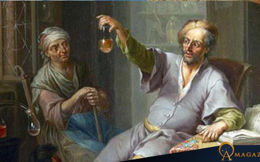 A Medieval Doctor examining a bottle filled with a liquid