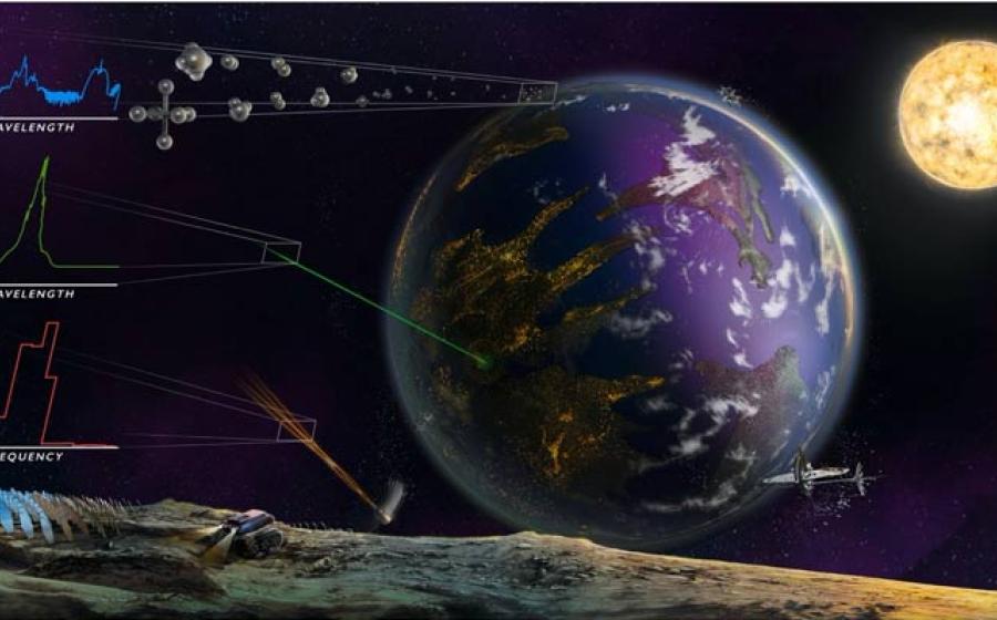 An illustration of various planetary technosignatures, including artificial atmospheric gases. Source: Sohail Wasif / UC Riverside