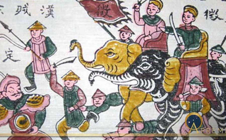 Trung sisters riding elephants. Đông Hồ painting. (Public Domain)