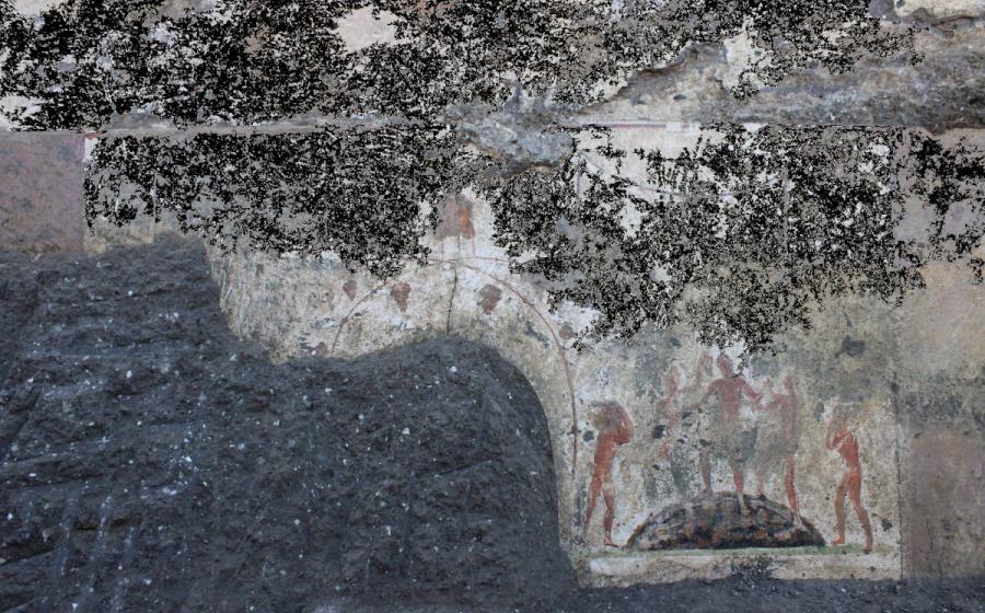 Dionysian-themed frescoes of grape harvesting being carefully uncovered from beneath the layer of hardened Vesuvius ash that has covered them since 79 AD.