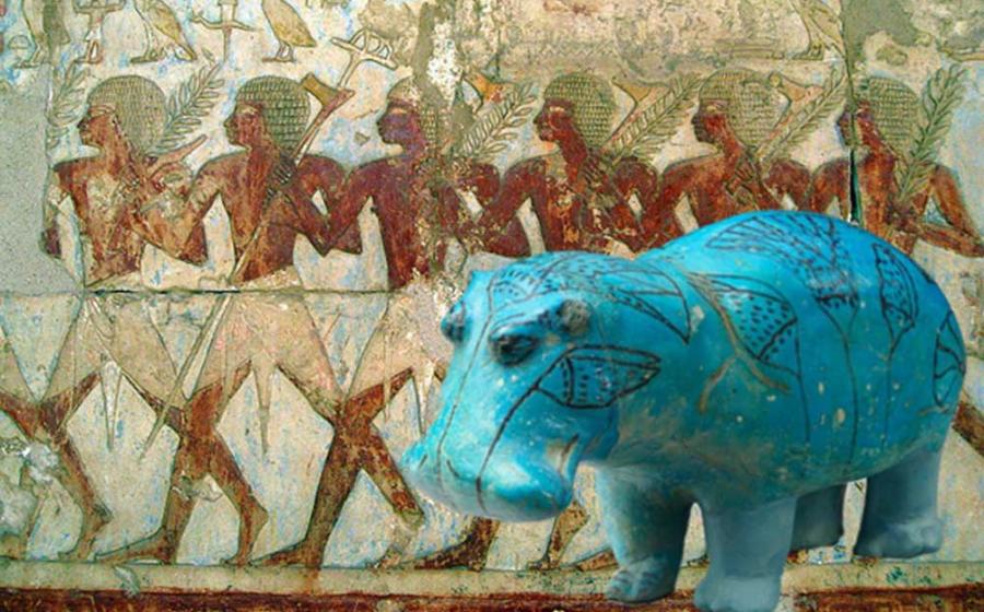 Standing hippopotamus figurine. From Egypt, Middle Egypt, Meir, Tomb B3 of the nomarch Senbi II, pit 1 (steward Senbi), Khashaba excavations, 1910. (CC0) Background: Members of Hatshepsut's trading expedition to the mysterious 'Land of Punt' from this pharaoh's elegant mortuary temple at Deir El-Bahri. In this scene, Egyptian soldiers bear tree branches and axes. (Σταύρος/CC BY 2.0)