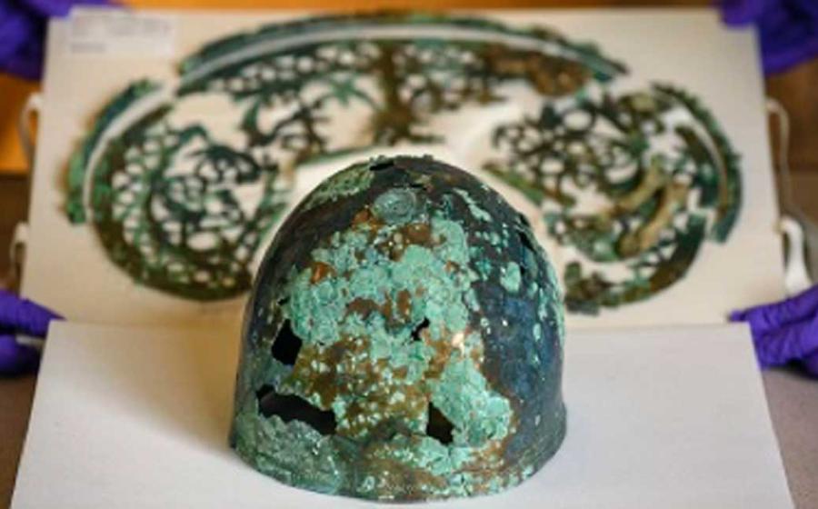 Helmet and headdress found with the warrior-priest. Source: (The Novium Museum/ Chichester District Council)