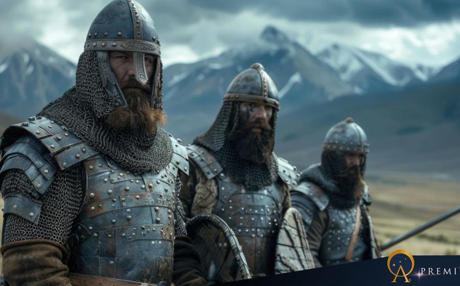 AI image of Slavic male warriors in chain mail.