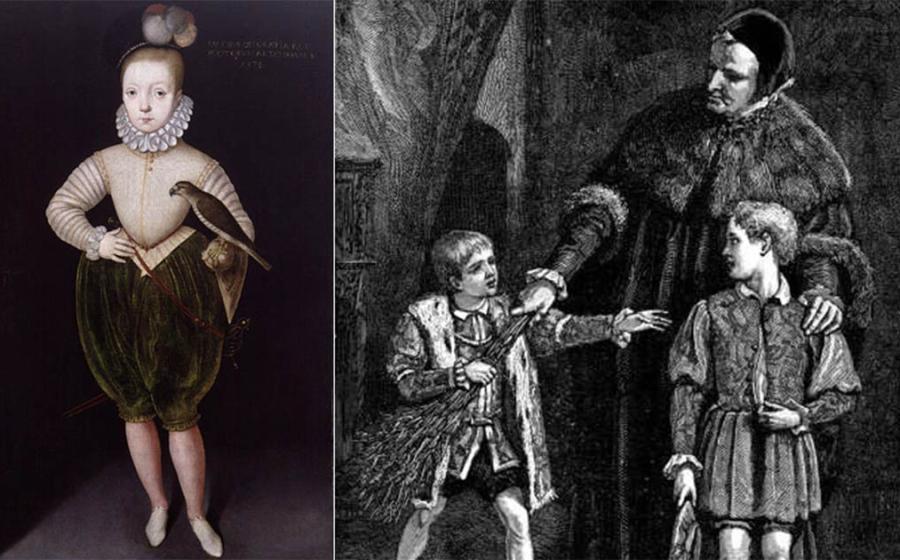 Whipping boys were used by aristocrats and royalty.  Source: Left; King James I of England and VI of Scotland, Public domain Right;  "Edward and Whipping Boy" illustration by Walter S. Stacey, Public domain