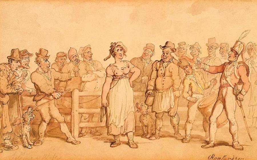 Wife auctions were popular with the lower classes in England from about 1700 to 1850 because divorce was expensive and complicated. This work of art is by Thomas Rowlandson (1756–1827) and is called Selling a Wife.		Source: Thomas Rowlandson / Public domain