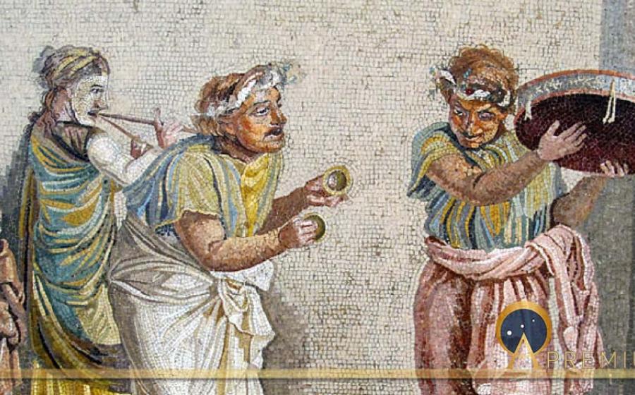 Trio of musicians playing an aulos, cymbala, and tympanum (mosaic from Pompeii) (CC BY-SA 3.0)