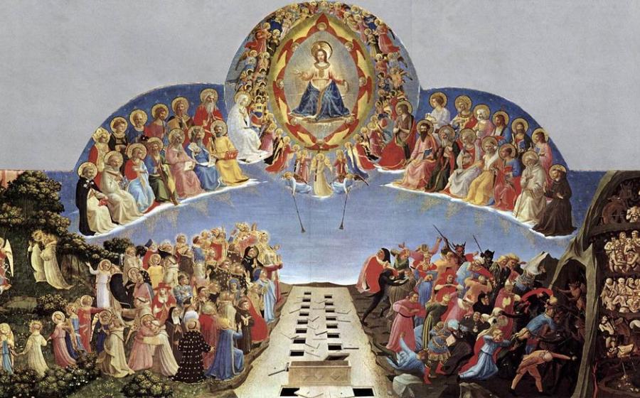 Fra Angelico's Last Judgment panel, with Christ enthroned among saints above an open row of tombs, the blessed in a garden on the left and the damned driven into a fiery underworld on the right