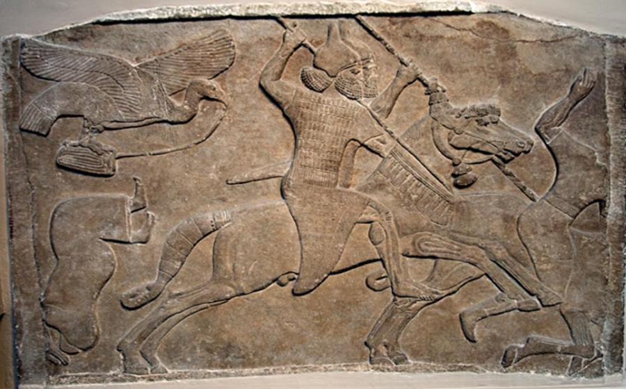 Assyrian relief of a horseman from Nimrud, now in the British Museum. "Battle scene, Assyrian, about 728 BC.