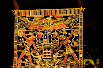 A 12th dynasty Egyptian Middle Kingdom pectoral made of gold and semi-precious stones (carnelian, turquoise, and lapis lazuli) belonging to Mereret, the daughter of King Senusret III and sister of King Amenemhat III