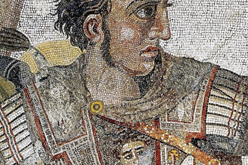 A Detail of Alexander the Great from the Alexander Mosaic discovered in Pompeii. The mosaic, created during the Roman Republic, is believed to preserve a lost Hellenistic image of Alexander
