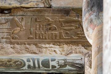 The Abydos carvings are mysterious carved hieroglyphs which were found on a ceiling beam in the temple of Seti I in Abydos. Source: merlin74 / Adobe Stock