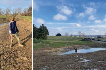 Joshua Fetter points to the location where the cache was discovered. Right: Dr. Michelle Bebber points to the excavation site, a small yellow spot just above her left hand.
