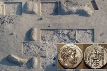 Aerial view of the excavation in the central part of Iskandar Tepa. Inset; Silver tetradrachm of Demetrius I Soter