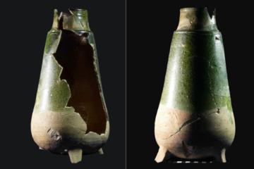 Two sides of the flask-shaped distilling vessel found at Gnandstein Castle which is partly green-glazed on the outside and yellow-glazed inside.