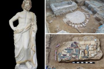 Statue of Bacchus, public bath house and mosaic found beneath Alexandria, Egypt