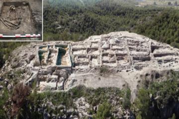 Aerial view of La Almoloya, the Argaric hilltop settlement at Pliego, Murcia, Spain, with inset, El Argar burial. 