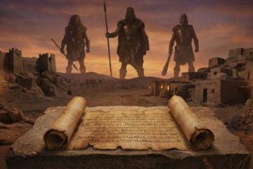 AI impression of ancient Canaan landscape with Nephilim and the papyrus.