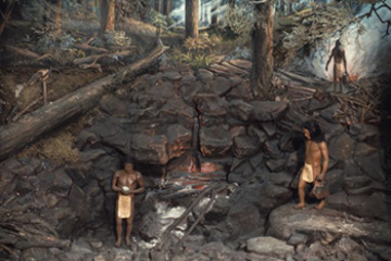 Artist's reconstruction of prehistoric native copper mining (Old Copper Culture)