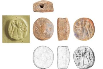 The Assyro-Levantine limestone stamp seal discovered at Tel Yavne, shown with photographs, seal impression, archaeological drawings, and cross-sections