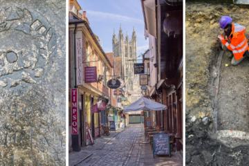 Left, skull engraved gravestone, center, Butchery Lane, Canterbury, Right, The vault under excavation.