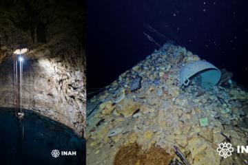 The cenote and pile of discarded items in the cenote.