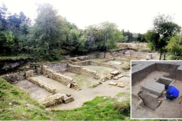 Roman legionary headquarters (principia) at Novae, Bulgaria.  Inset; Centurion’s Tombstone repurposed in a cist grave
