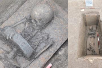 Excavated child graves at the cemetery at Pontecagnano Faiano, Italy.