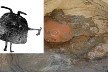 Frontal photographs of the Tangbaletasi Cave Paintings. Inset, sketch of Bell-shaped anthropomorphic motifs associated with the Chemurchek Culture.