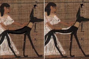 Before and after use of correction fluid on jackal god Wepwawet, in the Book of the Dead