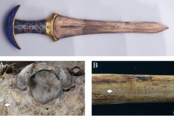 Top; The dagger buried with Princess Ita. Photograph by Sameh Abdel Mohsen, Egyptian Museum photographer.  Bottom; Original nineteenth century handwritten identifications preserved on bones of ancient Egyptian princesses