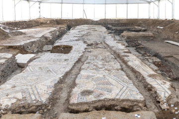Excavated geometric mosaic floor belonging to a Late Roman