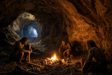 Image portraying early human ancestors working with fire in Wonderwerk Cave.