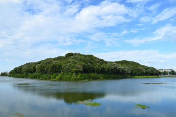 Forested Kofun burial mound surrounded by a moat