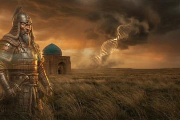 Genghis Khan on the Steppe by a mausoleum building.