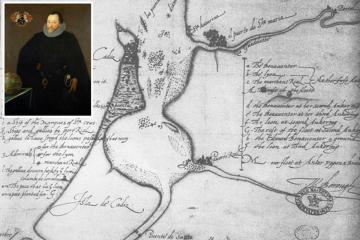 Map of Sir Francis Drake's attack on the Spanish fleet in Cádiz, 1587, drawn by his second-in-command William Borough. Inset portrait of Drake.  