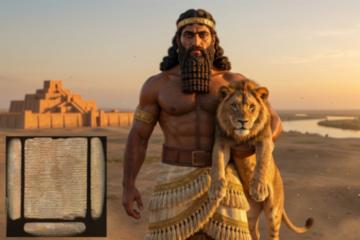 Image portraying a likeness of Gilgamesh, with insert of a cuneiform tablet.